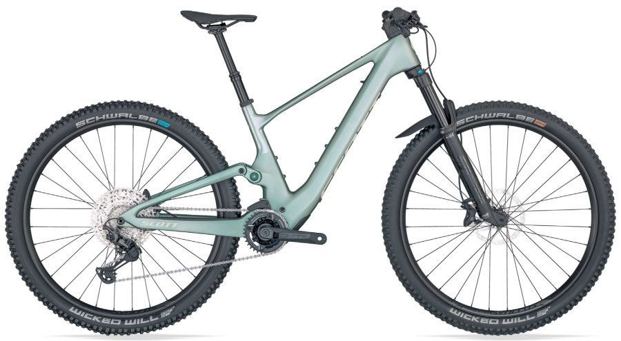 Ein blau-schwarzes Mountainbike auf weißem Hintergrund.