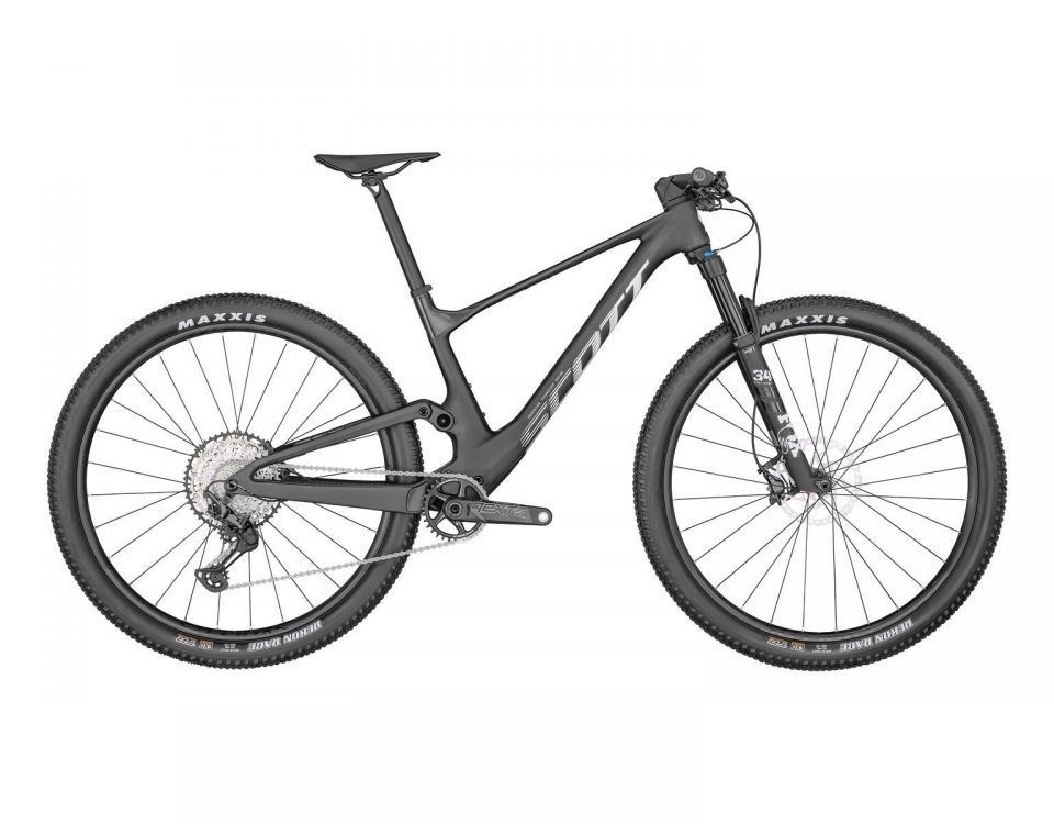 Ein schwarzes Mountainbike mit einem großen Reifen auf weißem Hintergrund.