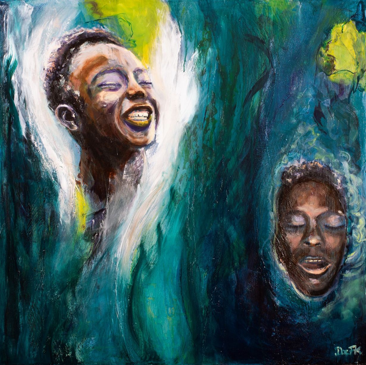 Zwei Gesichter tauchen aus dem Wasser auf, eines mit einem breiten Lächeln, das andere gelassen, inmitten türkisfarbener und grüner Pinselstriche.