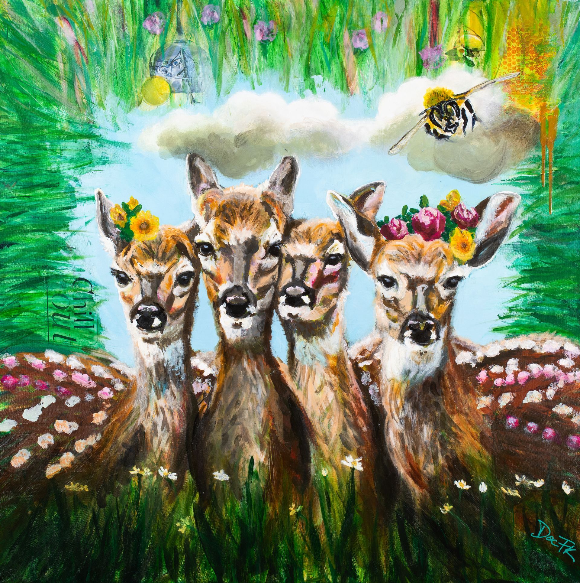 Vier Rehe mit Blumenkränzen auf einer Wiese. Eine Biene summt in der Nähe. Leuchtende Farben.