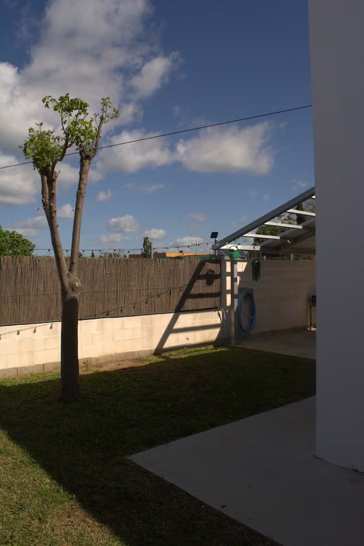 Un patio con un árbol, una cerca, un cielo azul y parte de un edificio blanco que proyecta sombras.