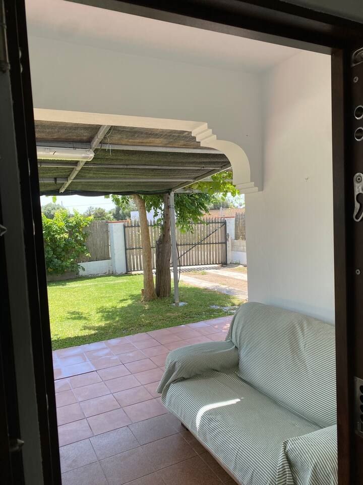 Vista desde la puerta: un patio con un sofá, césped verde, árboles y una entrada cerrada.