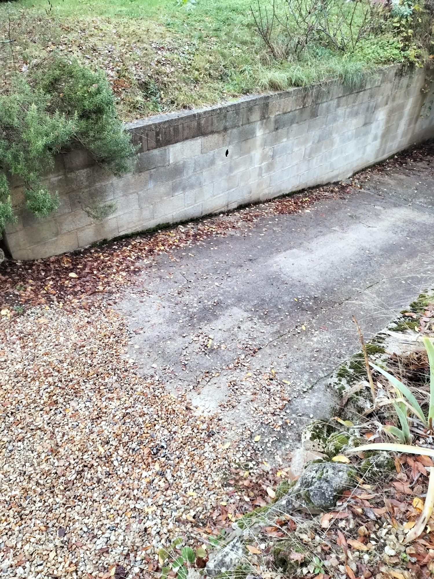 Un chemin de gravier longeant un mur de soutènement en béton patiné, bordé de feuilles et de verdure