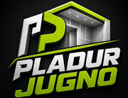 Logotipo de Pladur Jugno en blanco y verde lima con un gráfico de una casa en 3D sobre un fondo negro.