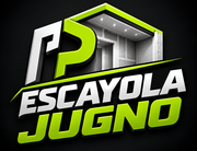 Logotipo con texto 3D verde y blanco que dice &ldquo;Escayola Jugno&rdquo; sobre un fondo negro.