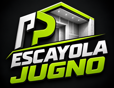 Logotipo con texto 3D verde y blanco que dice &ldquo;Escayola Jugno&rdquo; sobre un fondo negro.