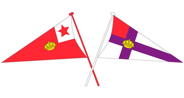 Una bandera roja con una estrella y una bandera morada con una cruz.