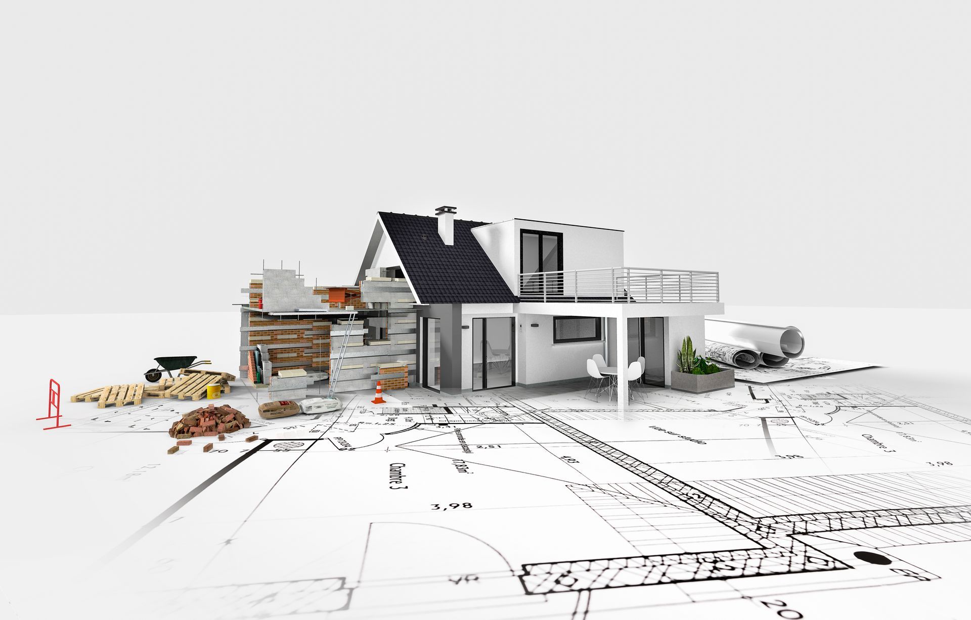 Maquette de maison moderne avec le côté gauche endommagé, débris éparpillés sur fond blanc