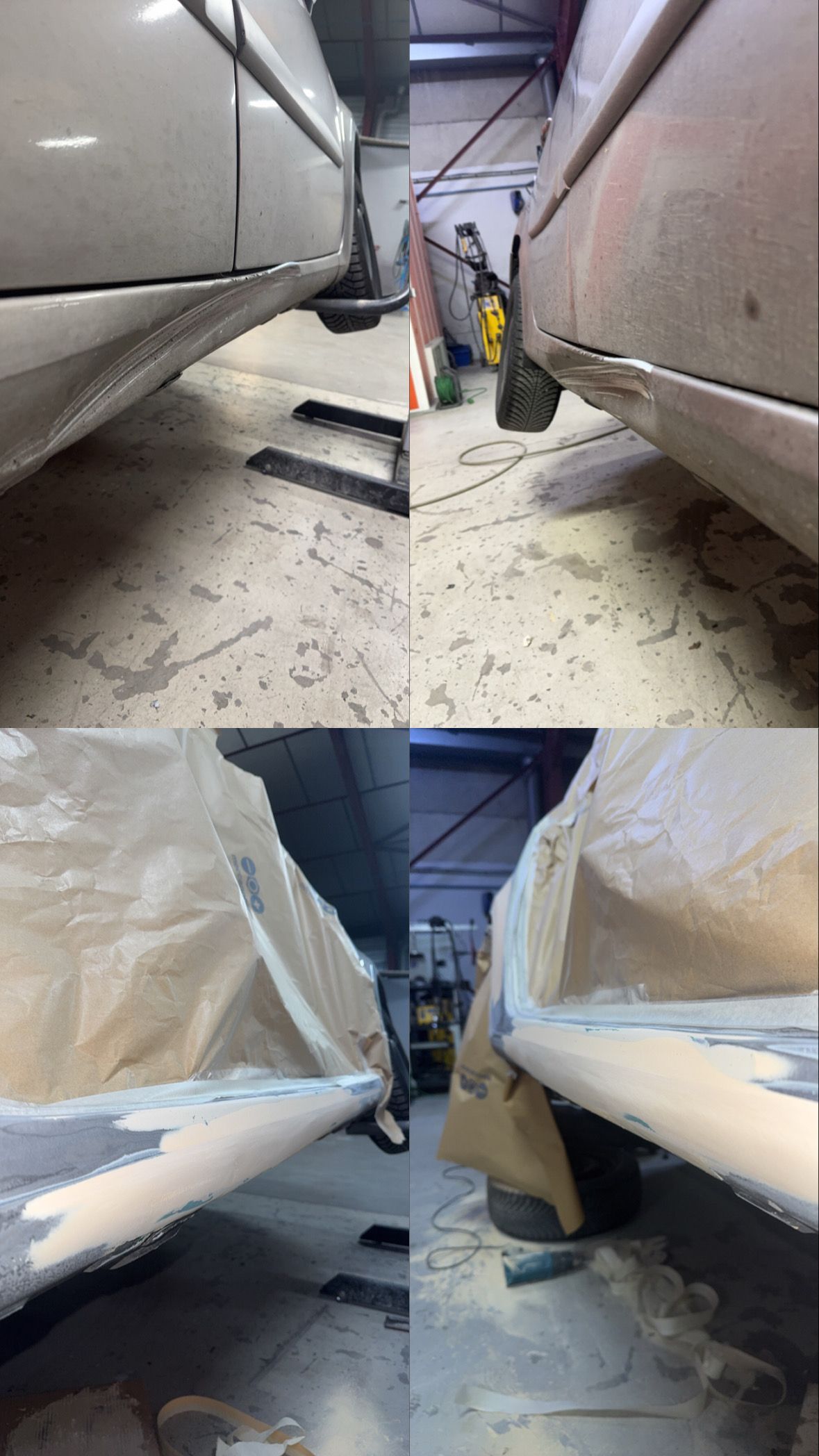 Personne utilisant un outil de débosselage sur une portière de voiture rouge, portant des gants noirs.