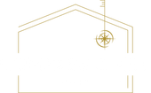 Minimal gold house outline with a compass-like sun symbol near the roofline on a white background