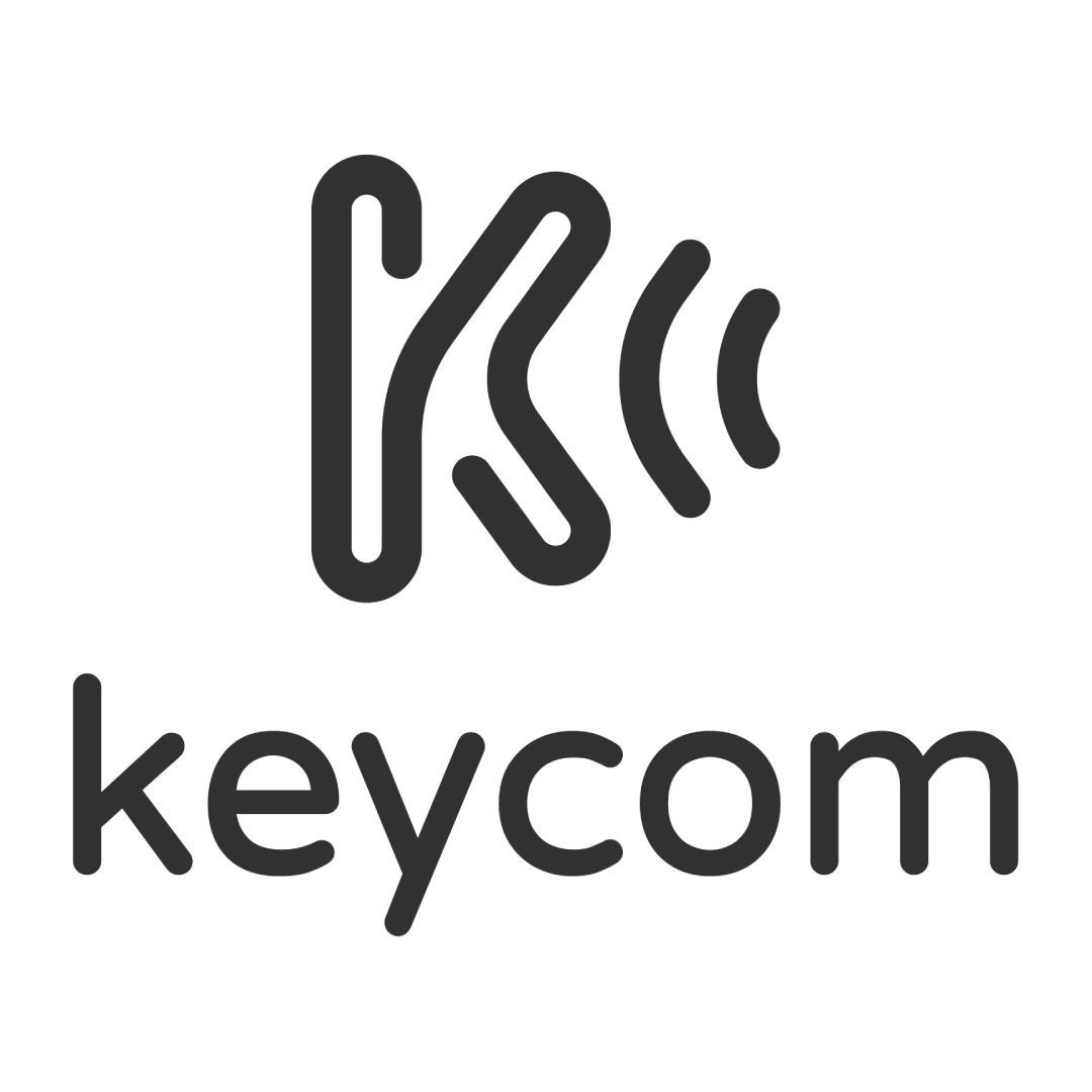 Logo Keycom : lettre « K » stylisée avec une onde sonore, à côté du mot « keycom ».