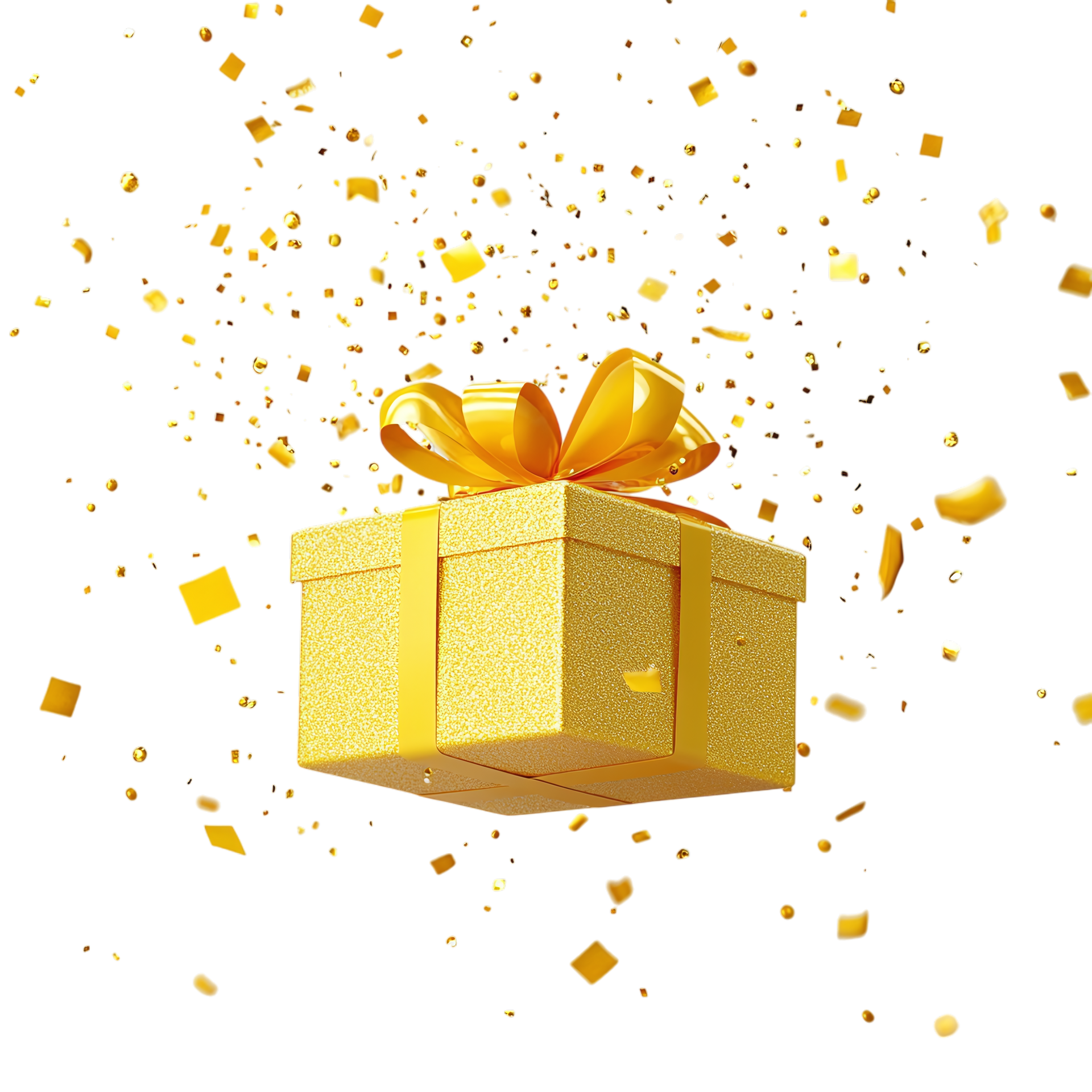 Coffret cadeau doré avec ruban et confettis.