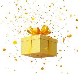 Coffret cadeau doré avec un nœud doré et des confettis.