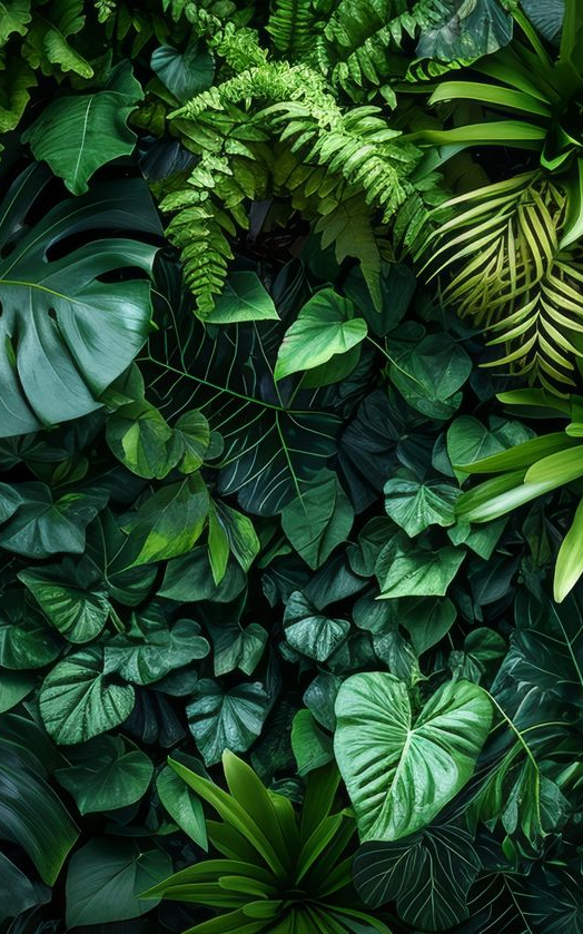 Feuillage vert luxuriant de plantes diverses, dont des fougères et de grandes feuilles, créant un mur botanique dense.