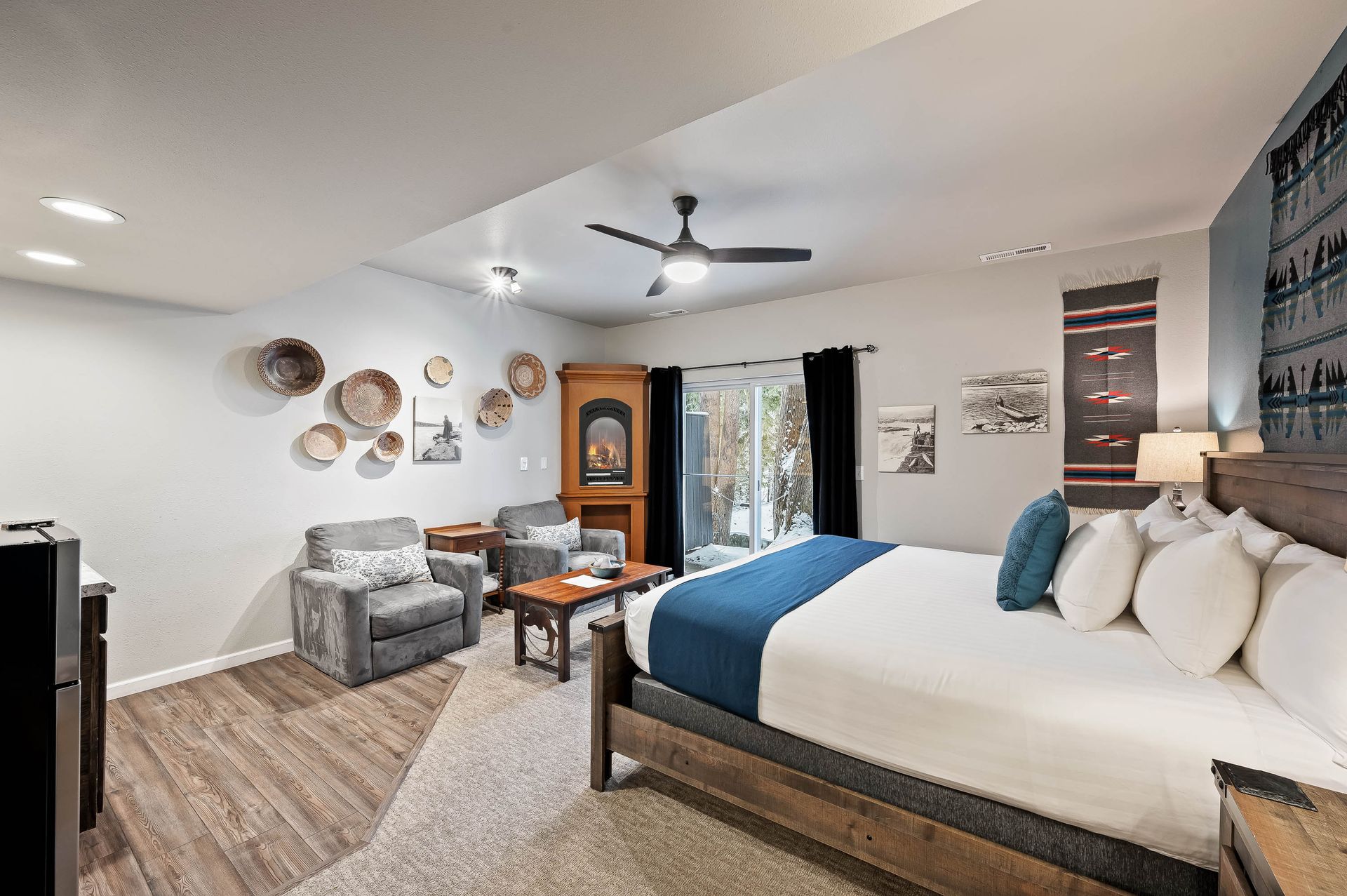 There is a king size bed in the middle of the room.