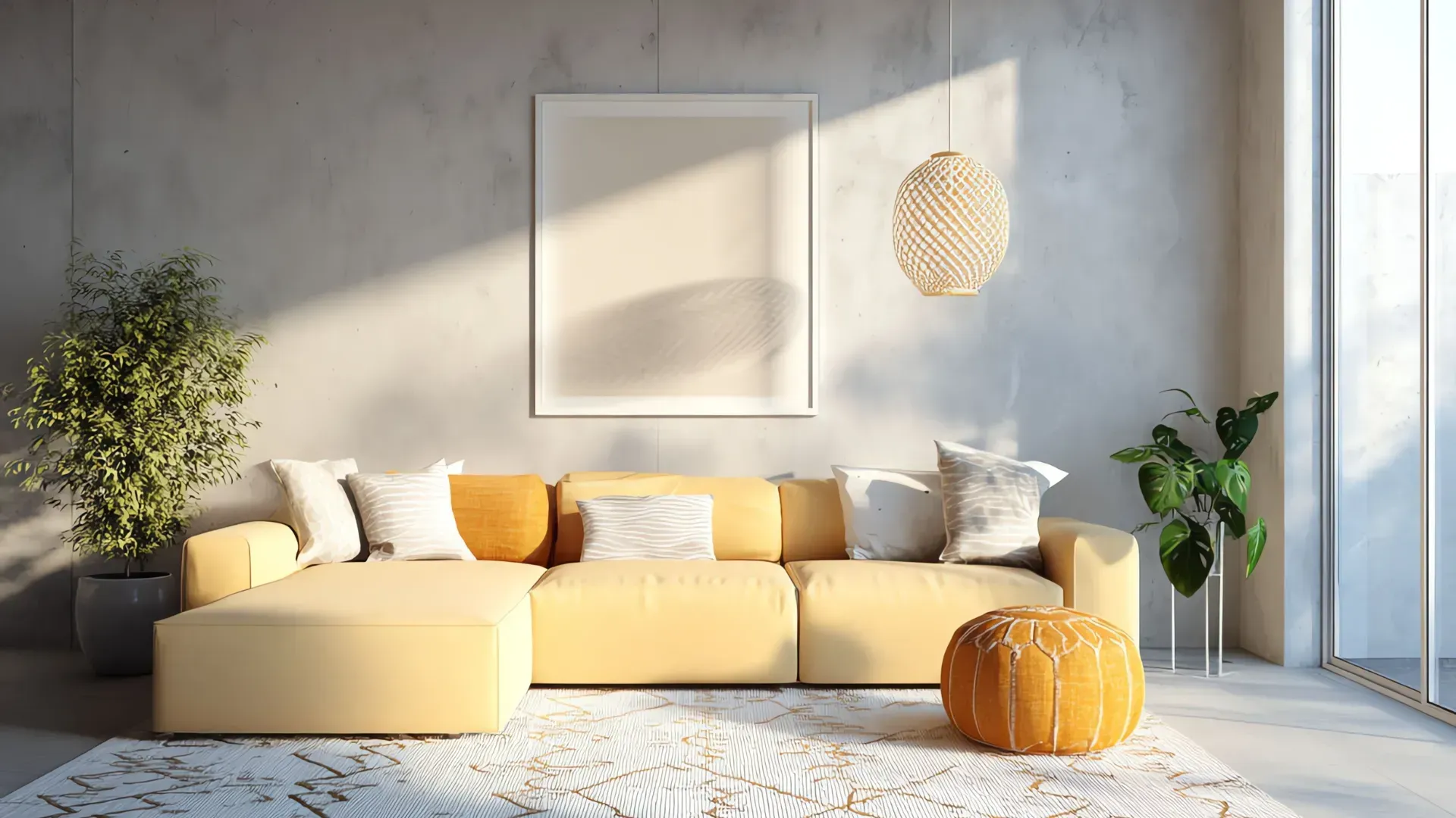 Sofá seccional amarillo en una sala de estar moderna con plantas, luz solar y un cuadro en blanco.