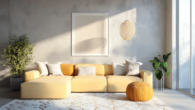 Sofá seccional amarillo en una sala de estar moderna con plantas, luz solar y un cuadro en blanco.