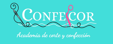 Logo de CONFECCOR con fondo turquesa y el lema “Academia de corte y confección”