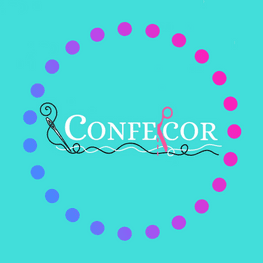 Logotipo de Confecor en letra cursiva blanca, centrado sobre un fondo turquesa con un anillo de puntos rosas y azules.