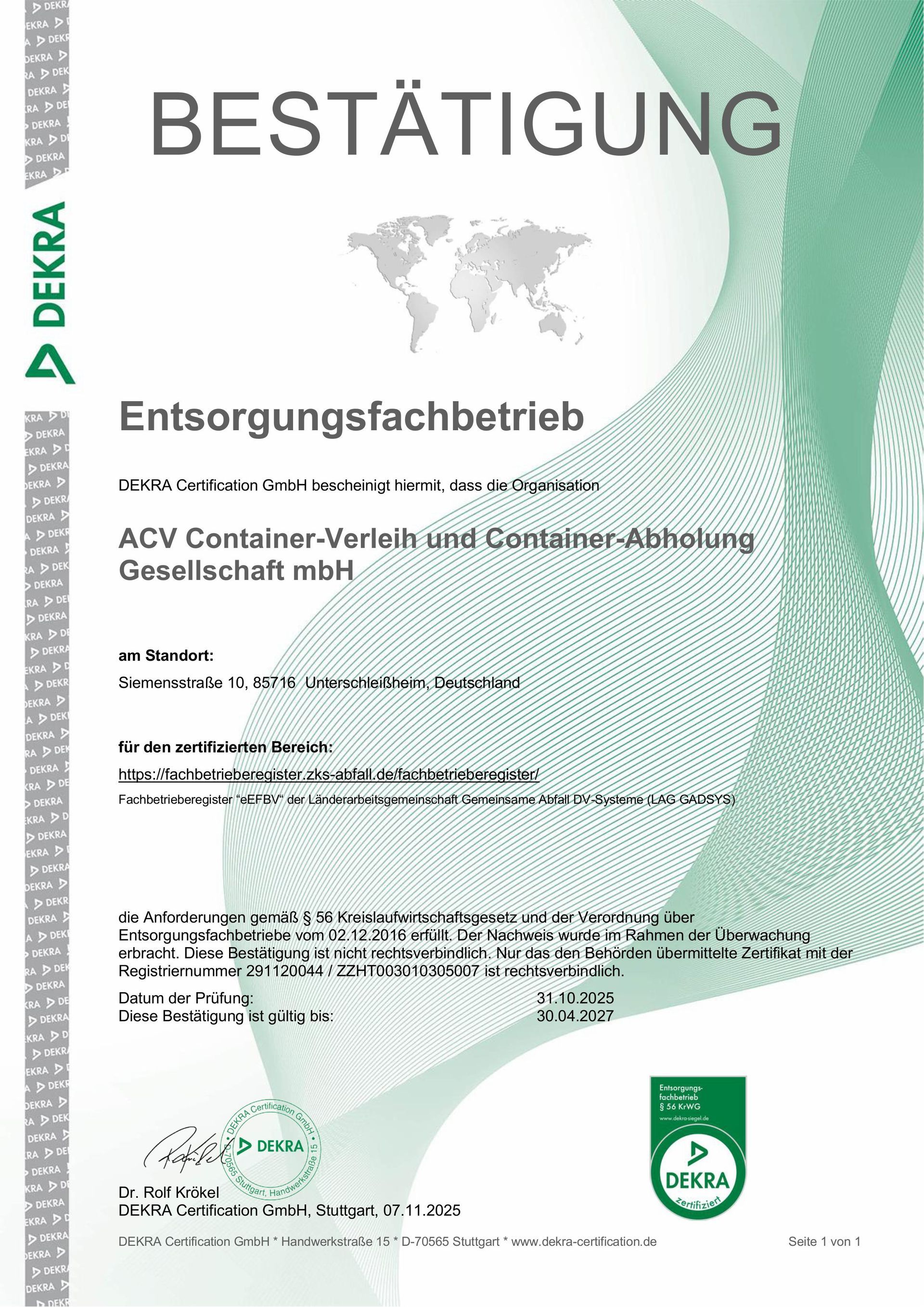 DEKRA Entsorgungsfachbetrieb Zertifikat