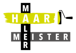 Logo für Haar Meister, ein Malerunternehmen. Weißer Text auf grünem Hintergrund mit einem Farbroller-Symbol.