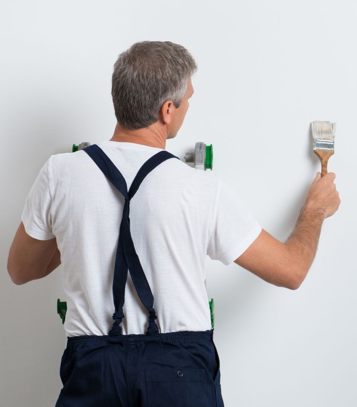Eine Person in Latzhose streicht mit einem Pinsel eine weiße Wand.