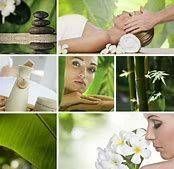 Un collage de photos d'une femme se faisant masser dans un spa.