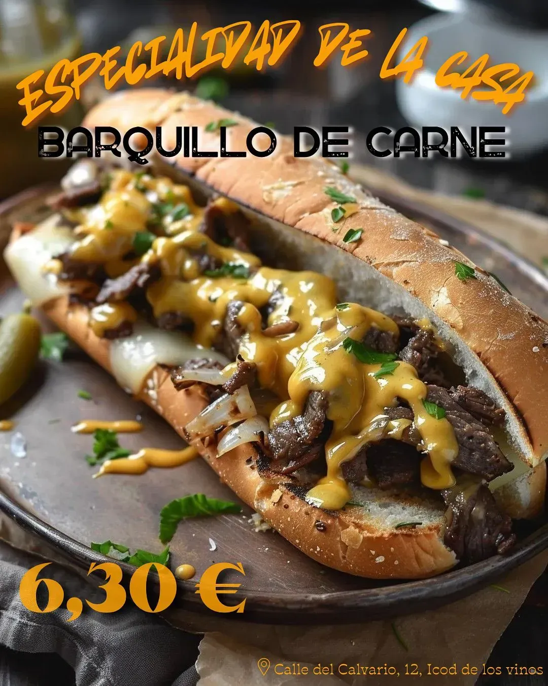 Sándwich de ternera en bandeja, con mostaza, queso y perejil. Precio: 6,30 €.