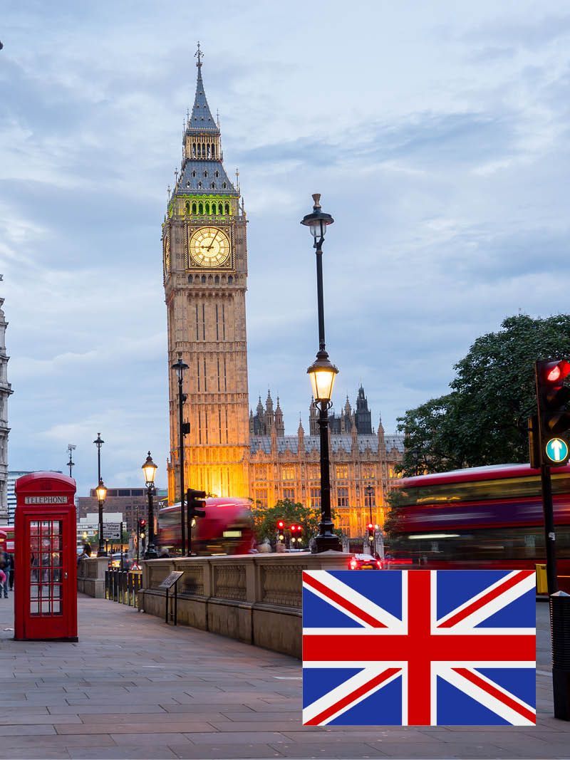 Der Uhrturm Big Ben in London mit einer Union Jack-Flagge im Vordergrund, zusammen mit roten Bussen und einer Telefonzelle.