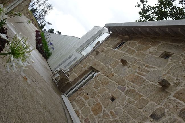 Un edificio de piedra con un árbol delante.