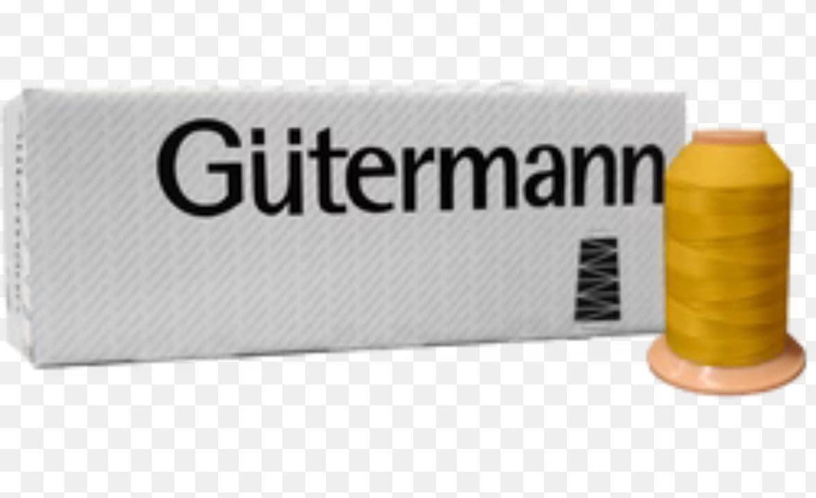 Un carrete amarillo de hilo Gütermann junto a una caja blanca