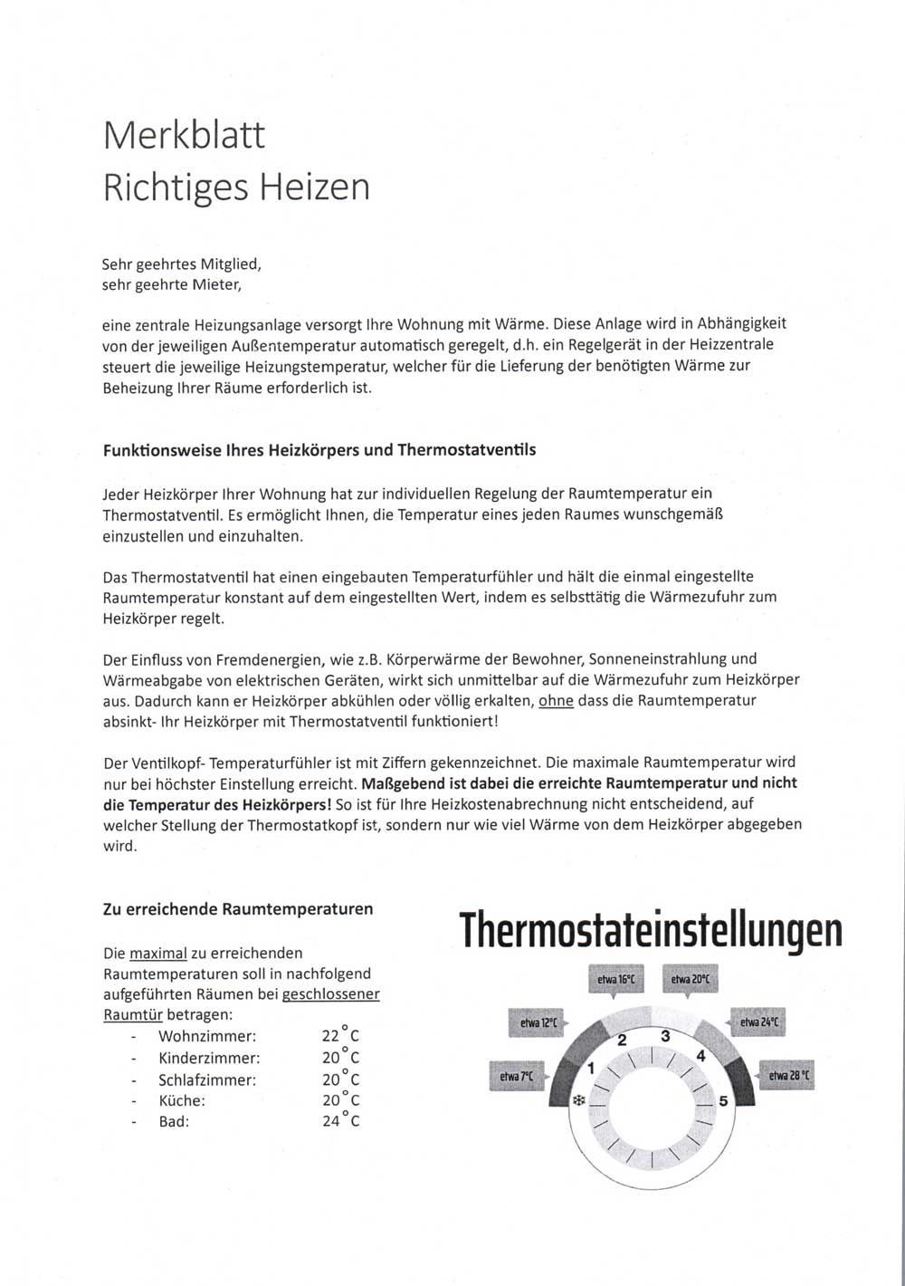 Ein Informationsdokument zum Thema richtiges Heizen mit Tipps, Richtlinien zur Raumtemperatur und einem Diagramm zur Thermostateinstellung.