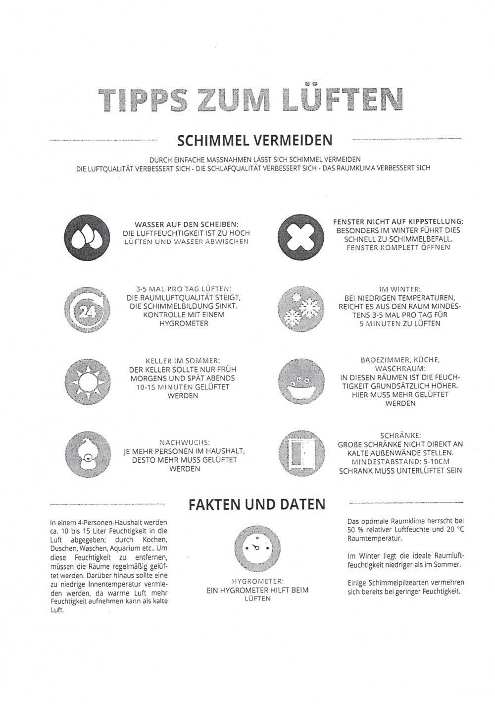 Infografik mit dem Titel „Tipps zur Belüftung“, die Richtlinien zur Schimmelprävention durch ordnungsgemäße Belüftung und Luftreinigung bietet.