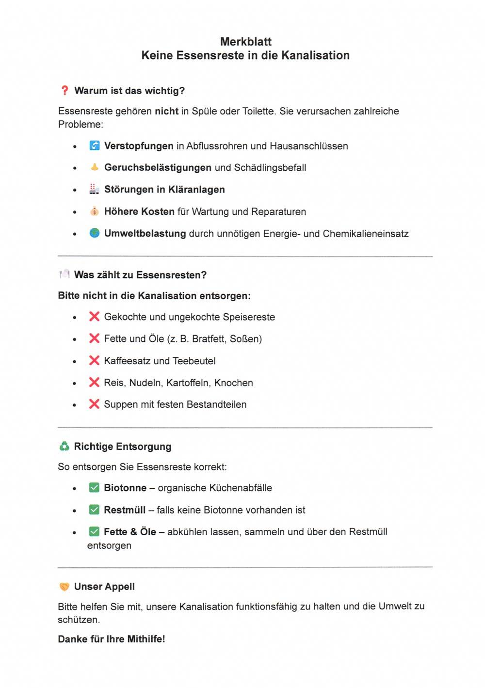 Ein Flugblatt, das die Anwohner darüber informiert, dass sie Lebensmittelabfälle nicht in die Kanalisation entsorgen sollen, um Verstopfungen der Rohre und Schädlingsprobleme zu vermeiden.