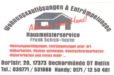 Visitenkarte für Hausmeisterservice Frank Schick-Hauke, bietet Wohnungsentrümpelung, Müllentsorgung und Gartendienstleistungen an.