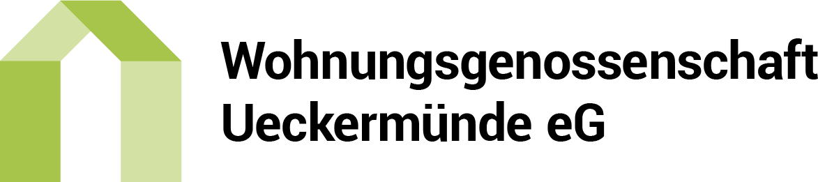 Ein hellgrünes, stilisiertes Haussymbol neben dem schwarzen Text "Wohnungsgenossenschaft Ueckermünde eG".