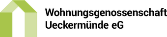 Ein hellgrünes, stilisiertes Haussymbol neben dem schwarzen Text "Wohnungsgenossenschaft Ueckermünde eG".