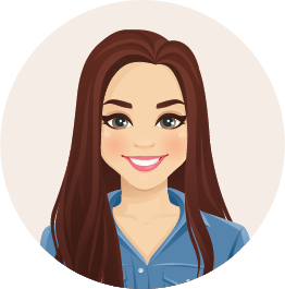 Eine Cartoon-Illustration einer Frau mit langen braunen Haaren, die ein blaues Hemd trägt und lächelt.