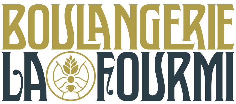 Logo de la boulangerie La Fourmi en or et bleu foncé avec un emblème de blé