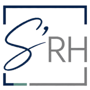 Logo RH stylisé bleu marine et gris dans un cadre carré avec un liseré turquoise