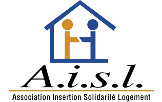 Logo pour Aisl avec une maison bleue et deux figures stylisées se serrant la main, et le texte « Association Insertion Solidarité Logement »