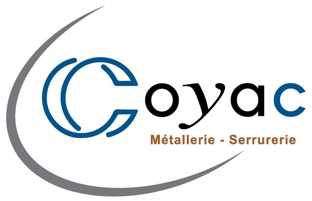 Logo Coyac Métallerie-Serrurerie en noir, bleu et gris avec une ligne en arc de cercle.
