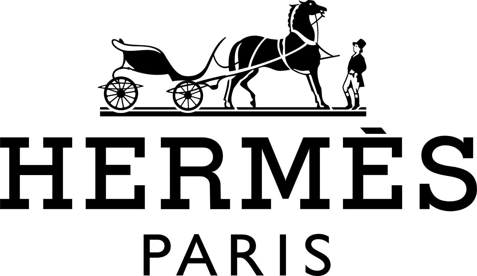 Logo Hermès Paris avec une calèche et son cocher au-dessus d'un texte noir en gras