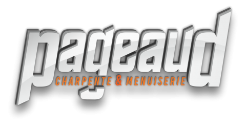 Logo stylisé argenté et orange « pageaud » avec le sous-titre « charpente & menuiserie » sur fond blanc