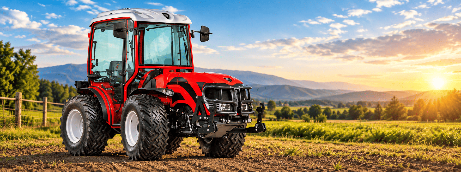 Tractor rojo en un campo dorado al atardecer con montañas al fondo.