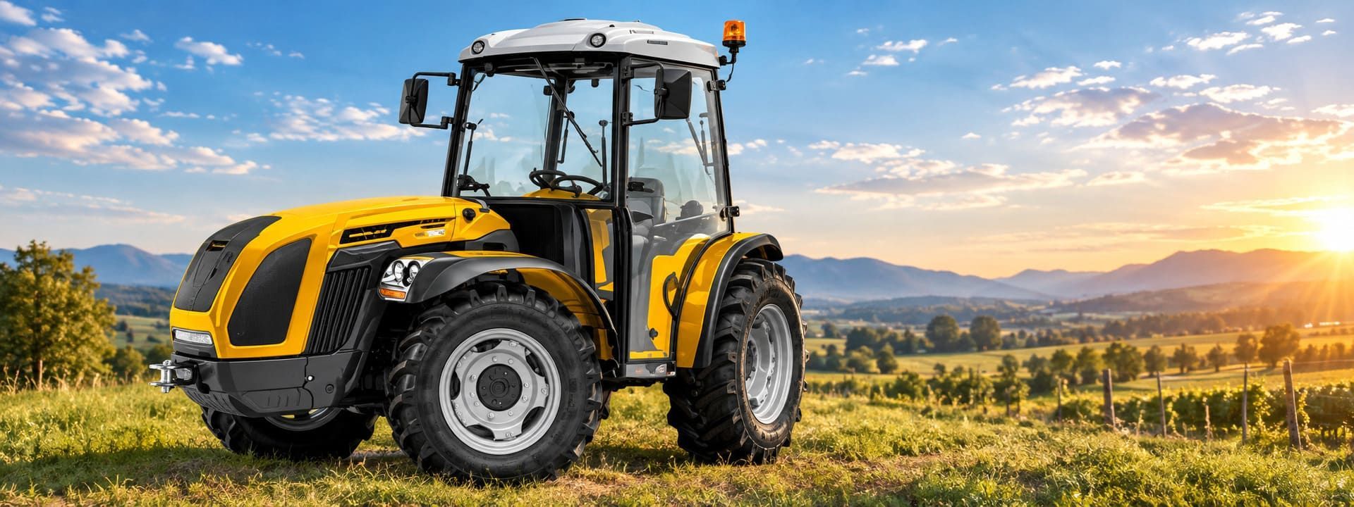 Tractor amarillo en un viñedo al atardecer con montañas al fondo.