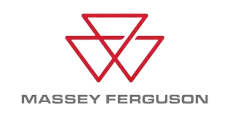 Logotipo de Massey Ferguson con emblema triangular rojo entrelazado sobre texto gris
