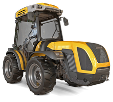 Tractor amarillo y negro con cabina cerrada, mostrado sobre un fondo blanco.