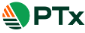 Logotipo de PTx con círculo a rayas verdes y naranjas y texto verde sobre fondo blanco.