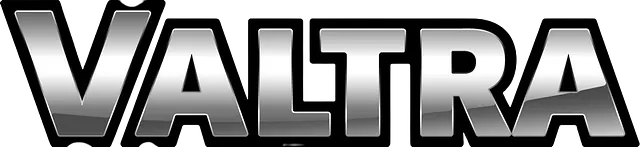 Un logotipo plateado y negro de Valtra sobre un fondo blanco.